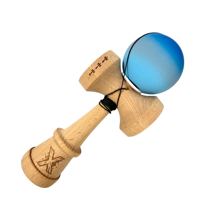 Kendama X, Rubber Grip, Big cup V3, Lemn, 18 cm, Rulment Metalic cu Ata 55 cm, Cupe Mari, Rulment, Balace Hole, Albastru