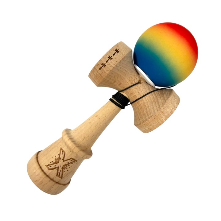 Kendama X, Rubber Grip, Big cup V3, Lemn, 18 cm, Rulment Metalic cu Ata 55 cm, Cupe Mari, Rulment, Balace Hole, Tricolor