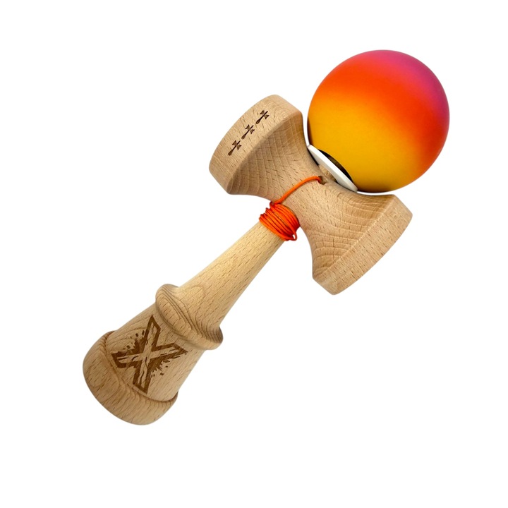 Kendama X, Rubber Grip, Big cup V3, Lemn, 18 cm, Rulment Metalic cu Ata 55 cm, Cupe Mari, Rulment, Balace Hole, Soare aprins