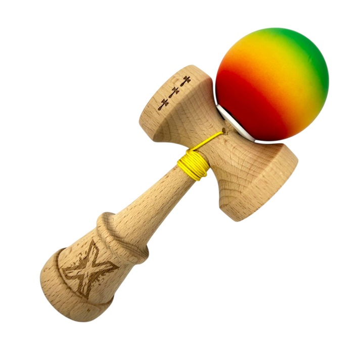 Kendama X, Rubber Grip, Big cup V3, Lemn, 18 cm, Rulment Metalic cu Ata 55 cm, Cupe Mari, Rulment, Balace Hole, Multicolor