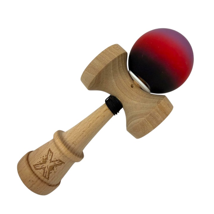 Kendama X, Rubber Grip, Big cup V3, Lemn, 18 cm, Rulment Metalic cu Ata 55 cm, Cupe Mari, Balace Hole, Rosu cardinal