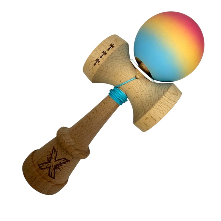 Kendama X, Rubber Grip, Big cup V3, Lemn, 18 cm, Rulment Metalic cu Ata 55 cm, Cupe Mari, Balace Hole, Pastel