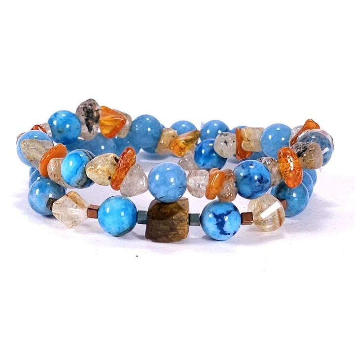 Set 2 bratari agat albastru cu pietre naturale de ochi de tigru, citrin, cuart rutilat, chihlimbar si hematit electroplacat, Elvero, 17 cm