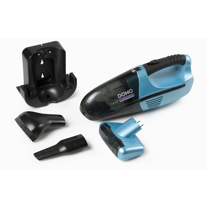 Aspirator de mana fara sac DOMO, ideal pentru podele/masina/textile, functionare fara fir, perie lata Turbo, capacitate colectare 0.5 litri, rezervor de praf detasabil, filtru HEP lavabil, comutator pe maner, utilizare facila, curatare usoara, albastru