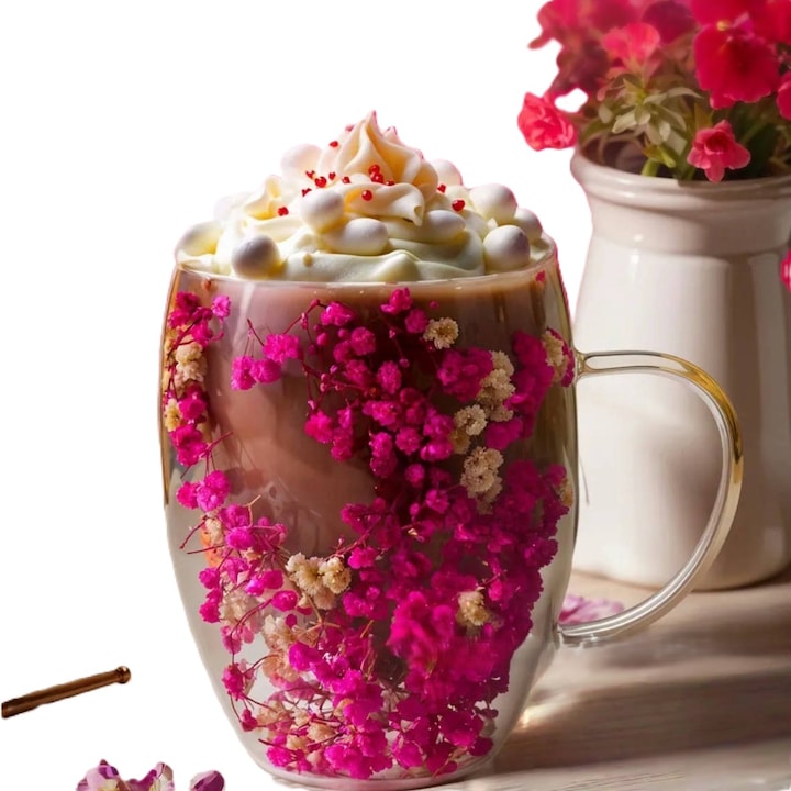 Cana cu flori uscate, perete dublu, sticla borosilicata, izolare termica, 250 ml, Roz intens