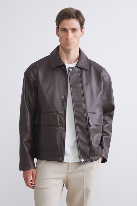 LC WAIKIKI, Jacheta din piele ecologica cu guler clasic, Maro inchis