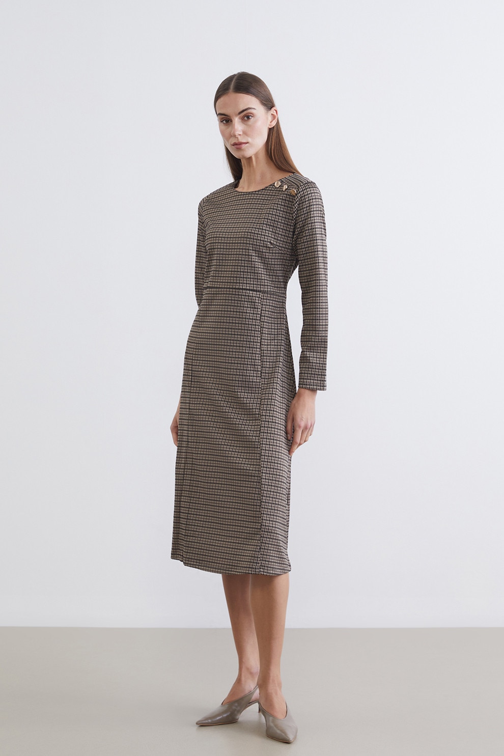 LC WAIKIKI, Rochie midi cu model houndstooth, Maro inchis, 48