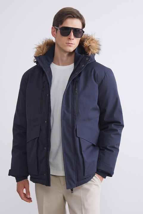 LC WAIKIKI, Geaca cu garnitura de blana sintetica, Albastru indigo/Bleumarin