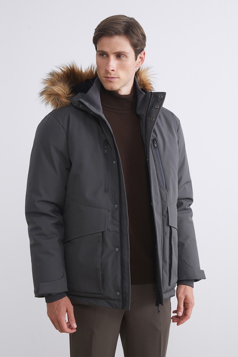 LC WAIKIKI, Geaca cu garnitura de blana sintetica, Gri