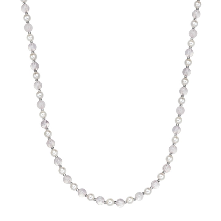 True Rebels, Colier din otel inoxidabil cu perle naturale si quartz, Roz