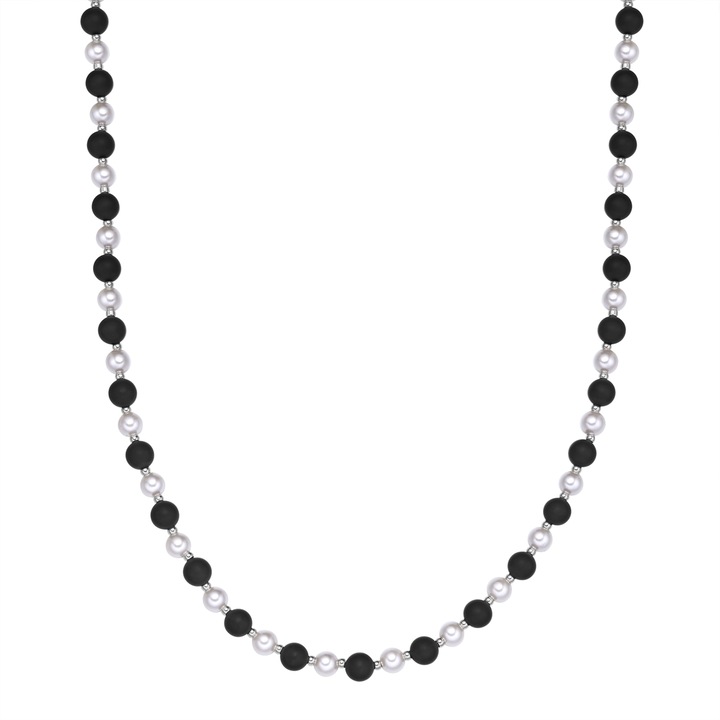 True Rebels, Colier din otel inoxidabil cu perle naturale si onix, Negru