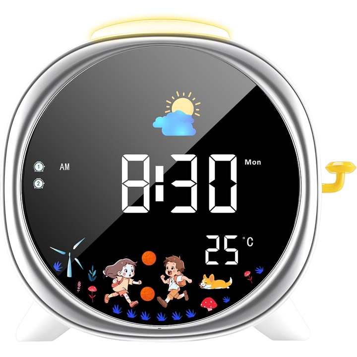 Ceas Digital Inteligent pentru Copii cu Alarma, sktonefly®, Sleep Trainer cu simboluri Soare si Luna, lumina de noapte reglabila, 5 melodii de alarma, Afisaj Temperatura si Port USB-C