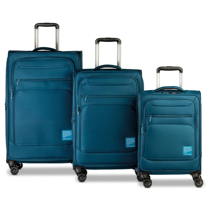Set trolere Worldpack Bern F10508, 1 bagaj de cabina si 2 de cala, poliester, cifru TSA, 4 roti duble, turcoaz