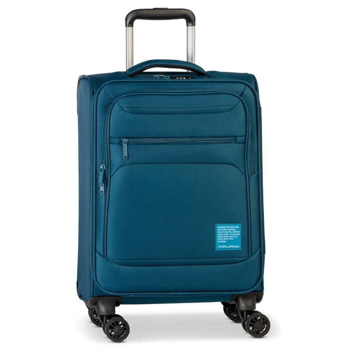 Troler de cabina Worldpack Bern F10508, 55x37x24 cm, bagaj de mana, poliester, cifru TSA, 4 roti duble, turcoaz