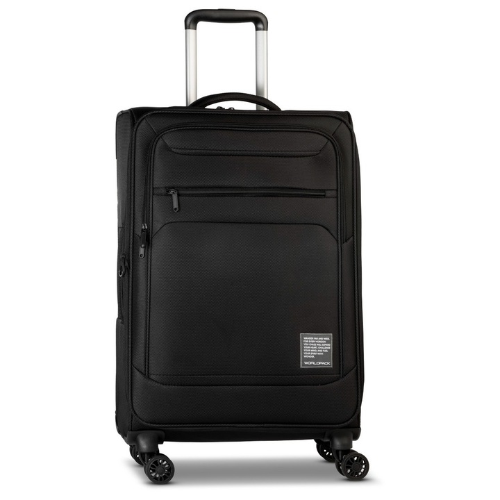 Troler mediu Worldpack Bern F10508, 68x42x27 cm, bagaj de cala, poliester, cifru TSA, 4 roti duble, negru