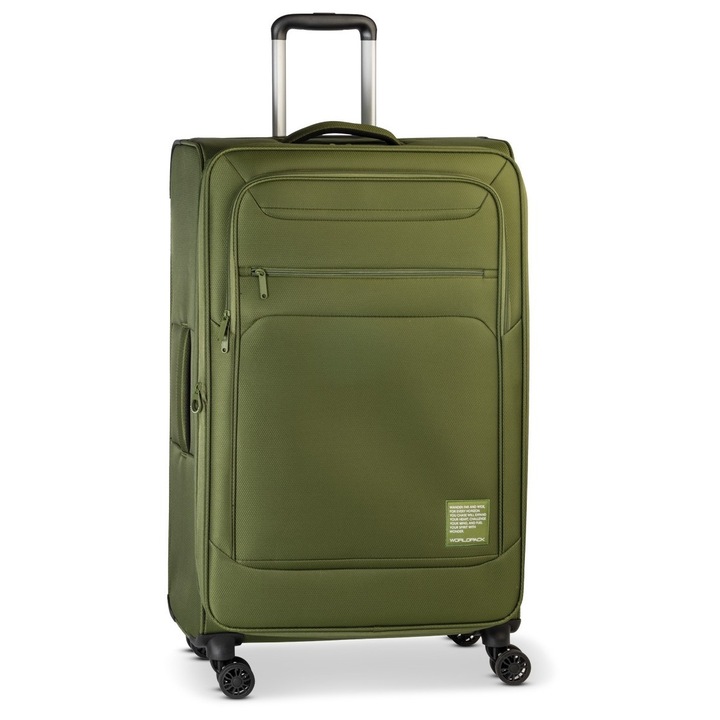 Troler mare Worldpack Bern F10508, 79x47x30 cm, bagaj de cala, poliester, cifru TSA, 4 roti duble, verde olive