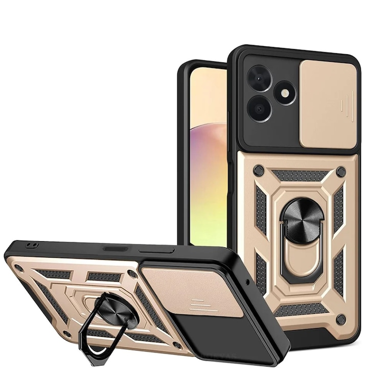 Husa pentru Honor 600 Lite, protectie camere, Inel magnetic, set cu sticker, CamShield, Auriu