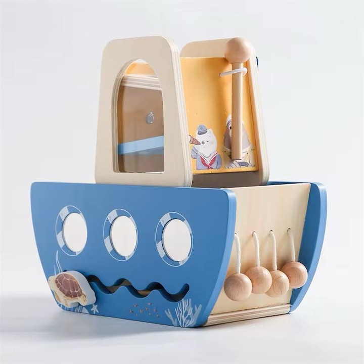 Vapor Montessori din lemn, jucărie interactivă, 22x20.5x10cm, albastru, pentru baieti, 1 an