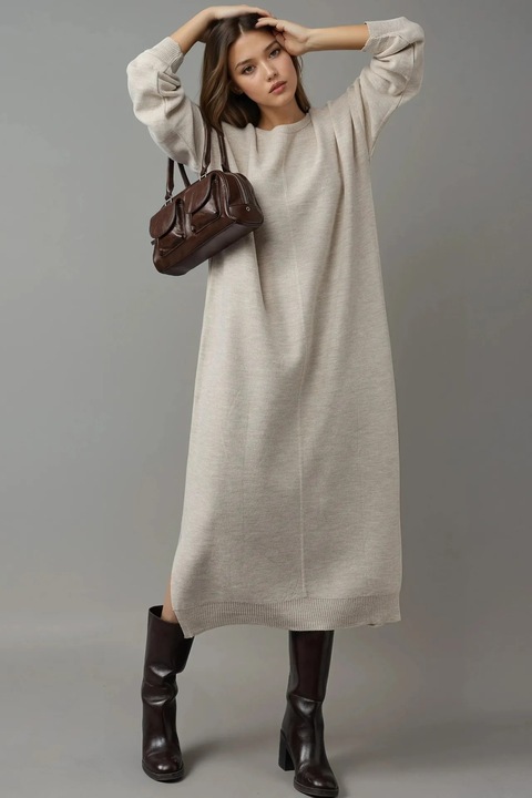 Rochie tricotata, MyFashion, lunga, gri, cu nervuri texturate si detaliu slit, tricot, One Size INTL