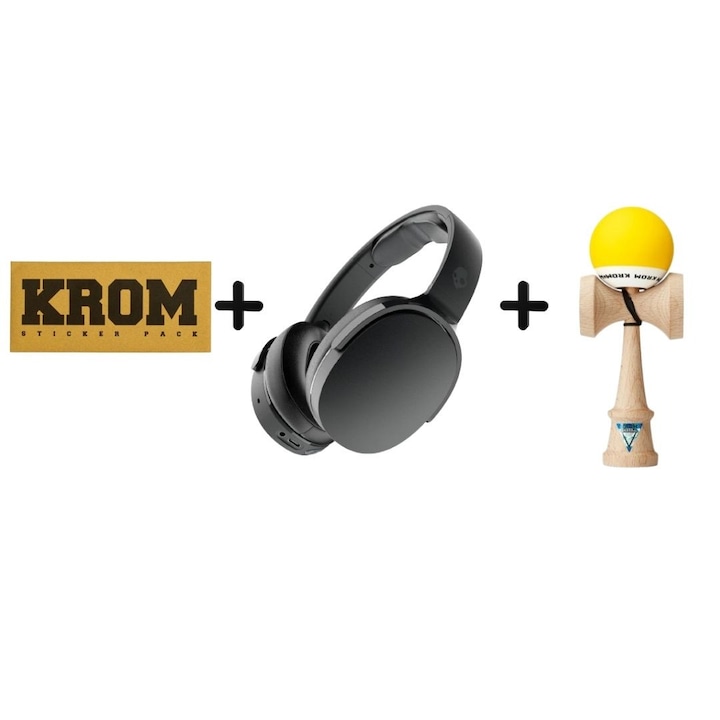 Pachet cadou Jucărie interactivă Krom Kendama, Kendama Krom Pop, set stickere, căști Skullcandy, multicolor, pentru băieți, 7 ani