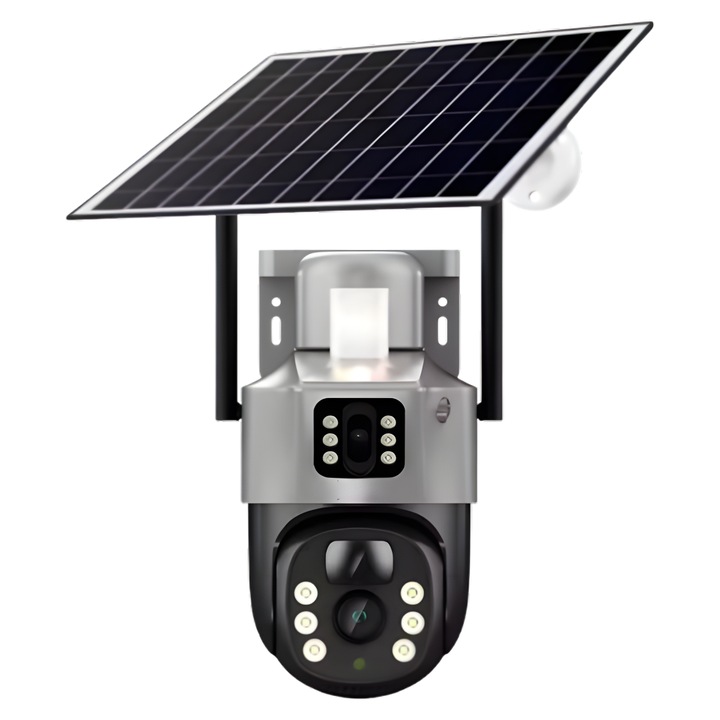 Camera de Supraveghere Solara Duala V380 4MP+4MP PTZ cu Baterie de 8000 mAh, 4G, Rotire 355°, Rezistenta la apa, Audio Bidirectional, Gri