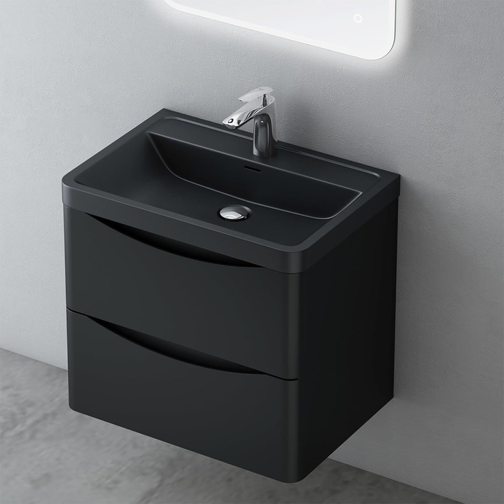 Mobilier baie EGO Interiors Trieste, MDF cu lavoar din compozit, Negru Mat, 90x48x55 cm