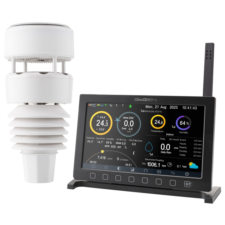 Statie meteo profesionala GoGEN ME 9900, afisaj color, aplicatie SMART, senzori de ploaie, temperatura, vant si umiditate, negru