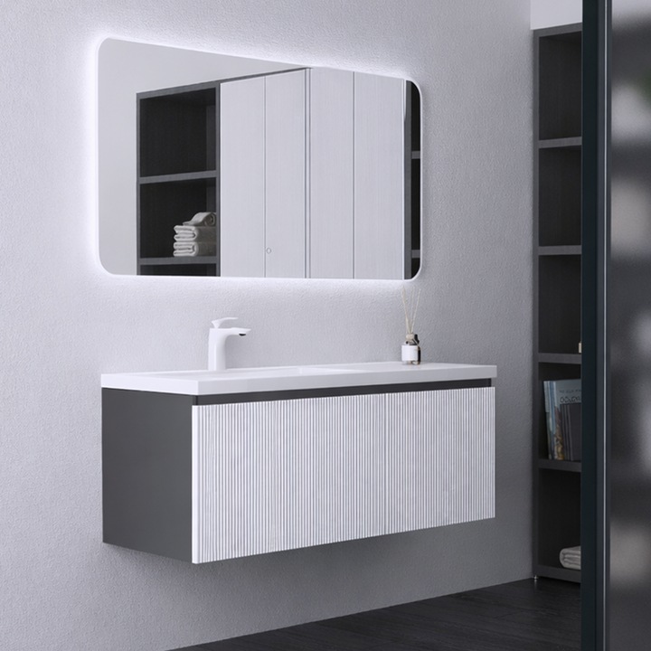 Mobilier baie din Mdf cu lavoar din compozit, separatoare sertare, inchidere Soft-Close, 120x46x49 cm, Alb Mat, Evo