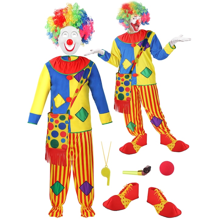 Costum de clown pentru adulti, set cu accesorii, culori vibrante, marime universala