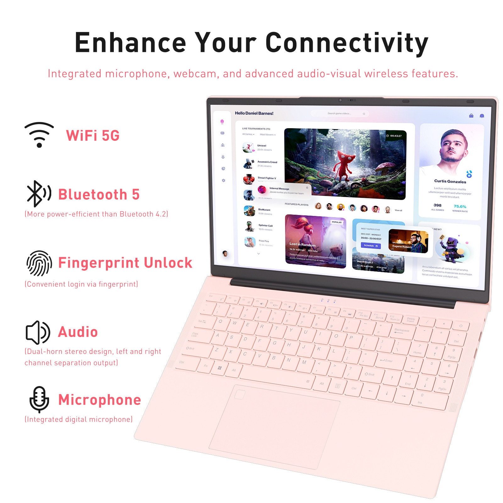 Laptop Auusda, Procesor AMD 3050E(pana la 2.8 GHz), 8GB RAM, SSD 512GB, Ecran IPS 15.6" FHD, Tastatura Iluminata, Windows 11 Pro, Roz