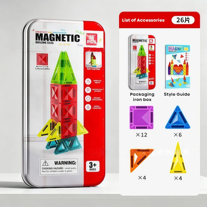 Set de constructie cu placi magnetice, Wacorresi®, 26 piese colorate, Jucarie creativa si educationala STEM Magnetic Tiles, Portabil, Cutie metalica de depozitare, Portabil, Cutie metalica de depozitare, 3 ani +, Multicolor