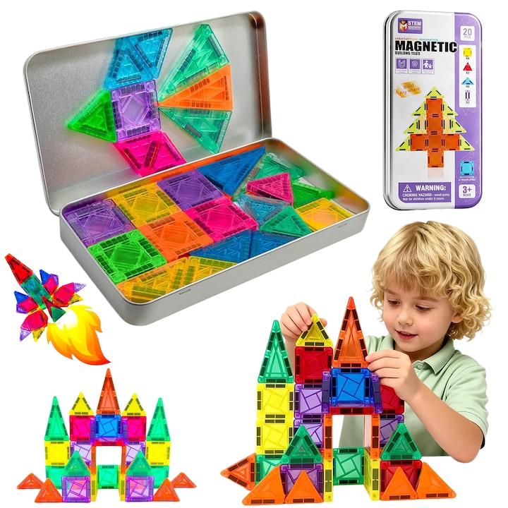 Set de constructie cu placi magnetice, Wacorresi®, 20 piese colorate, Jucarie creativa si educationala STEM Magnetic Tiles, Dezvoltarea abilitatilor motrice si a imaginatiei, Portabil, Cutie metalica de depozitare, 3 ani +, Multicolor
