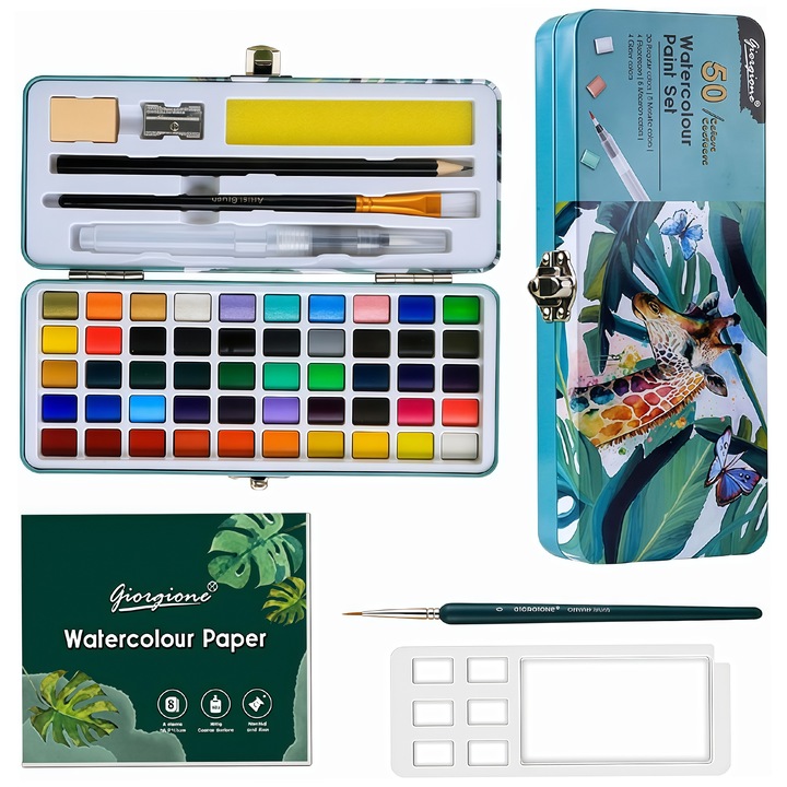 Set acuarele, Wacorresi®, Set de picturi de acuarela de 50 de culori intr-o cutie metalica, cu pensula de apa, 50 culori vibrante, Acvarela solid perlat, pigment concentrat, culori stralucitoare, transparenta ridicata, materiale verzi，multicolor