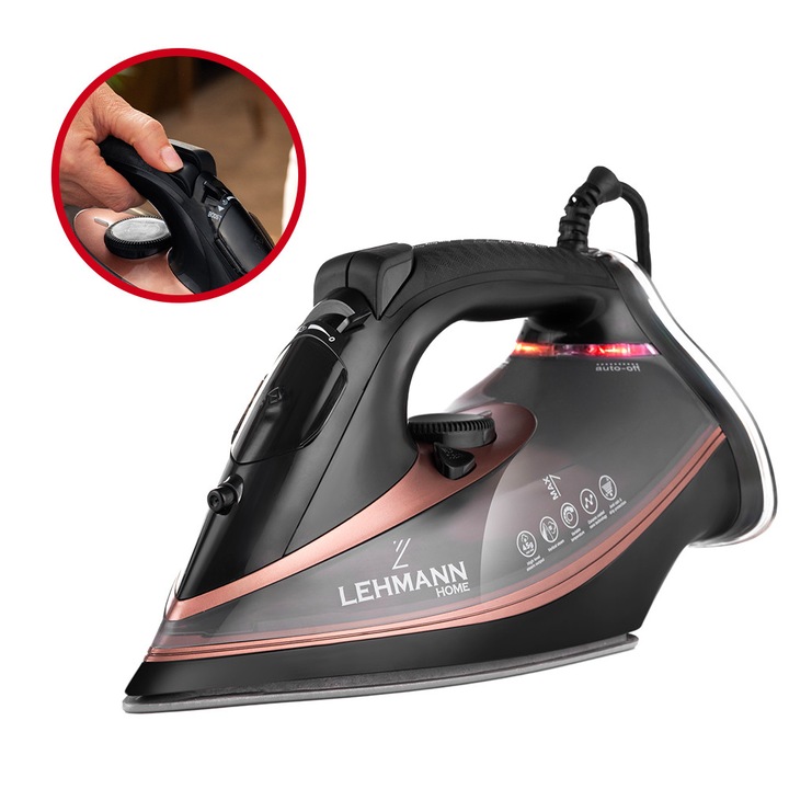 Lehmann Strokkur Gőzölős vasaló 2400 W, kerámia talp, 45 g/perc gőzkibocsátás, fekete–arany