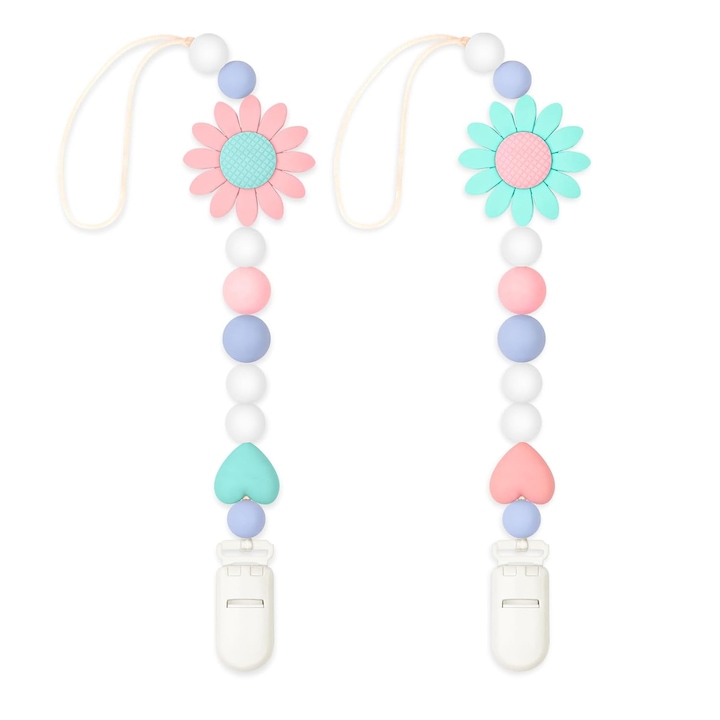 Set 2 Lantisoare pentru Suzete din Silicon Alimentar Giftry® – Design Floarea-Soarelui, Universal pentru Suzete si Jucarii Dentitie, Cadou Ideal, (Roz & Verde)