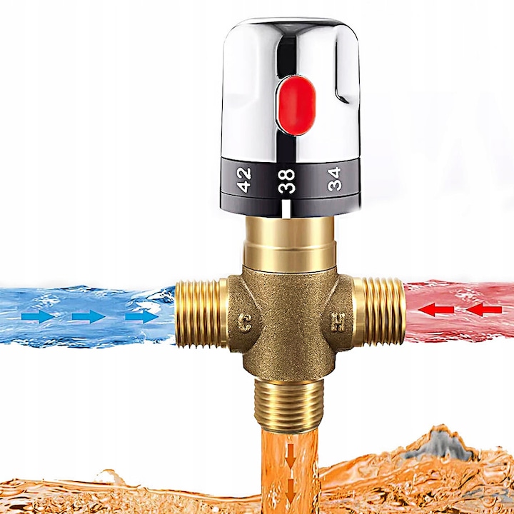 Supapa de amestec termostatica, YOUKUKE®, Controlul temperaturii, reglabil intre 20°C-50°C, Alama, Multicolor