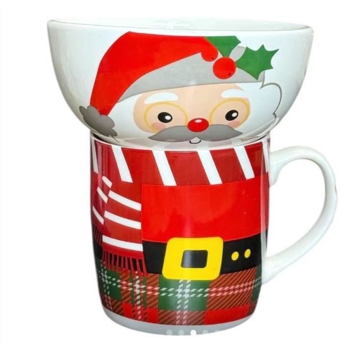 Set de Craciun cu Bol si Cana din ceramica, 13 x 7 cm, 9 cm x 9 cm, 350 ml, Alb/Rosu/Multicolor