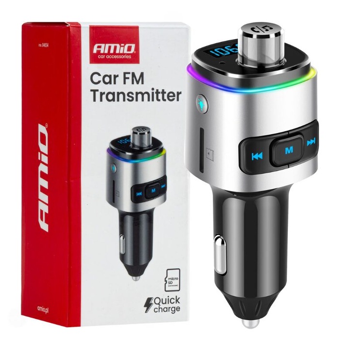 Transmitator FM MP3, 2×USB, QC3, microSD, 12V-24V, AMIO 04654