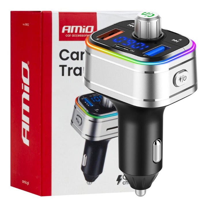 Transmitator MP3, 3×USB, QC3, PD, microSD, 12V-24V, Amio 04652