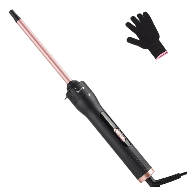 Маша, Малки афро къдрици 13 мм, asskanaer, 2 температурни степени, Турмалиново керамично покритие, въртене на 360 градуса, Дълъг захранващ кабел 190 см, Ръкавици, ABS, 36.5x3.3 см, Черно/Розово злато