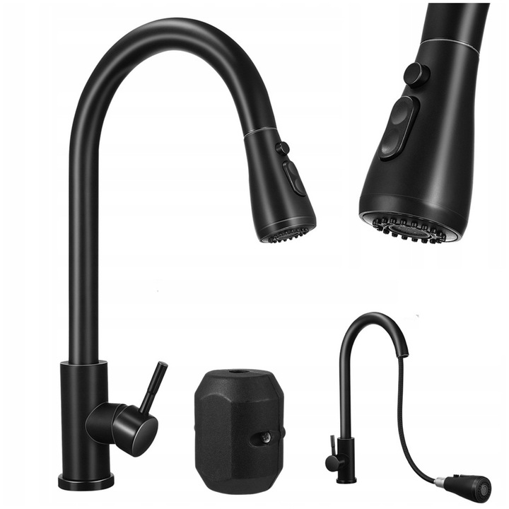 Konyhai csaptelep, pultra szerelhető, fekete, kihúzható kifolyócső, rugalmas csaptelep