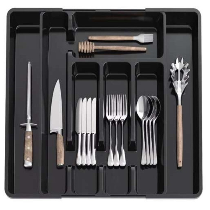 Разтегаем органайзер за прибори за чекмедже, Черен цвят, 5-7 отделения, издръжлив PP материал