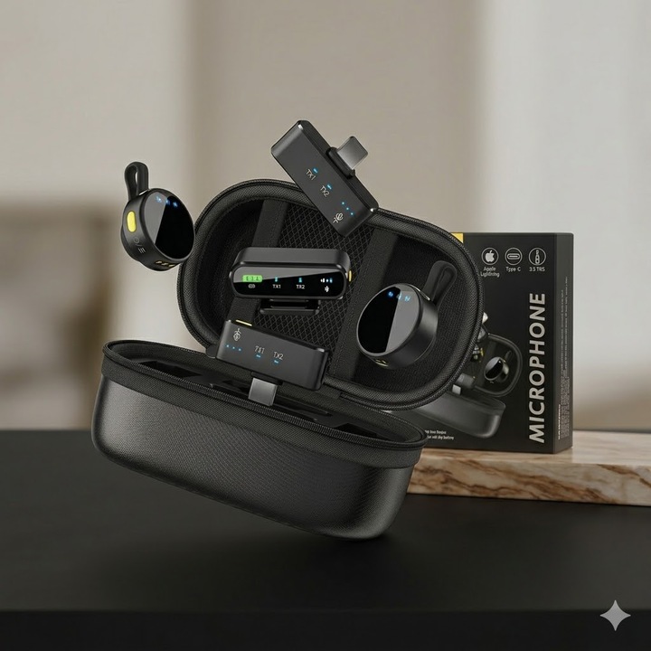 Set microfon lavaliera wireless, ProudAnka, 2 Microfoane + receptor multiconectare + carcasa, Fara fir, Calitate audio profesionala, Reducerea zgomotului, 3 Trepte Volum, 48kHz, 24-bit, Autonomie 28h, Multiple Moduri de Purtare, Compatibil iOS/Android, Ne