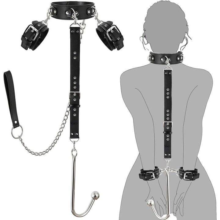 Комплект BDSM Kit Restraints, LISM®, Сексуално робство, анален захват, регулируем ъгъл на белезниците зад гърба, ролева игра, SM Play аксесоари за начинаещи двойки мъже и жени, черен
