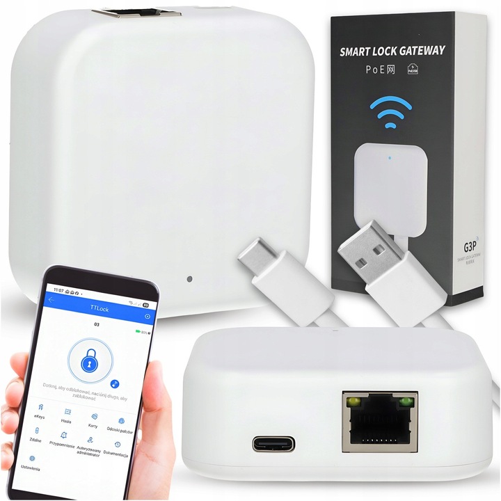 Adaptor Wi-Fi Gateway smart, G3 Hub pentru control la distanta a incuietorilor inteligente, gestiune prin Bluetooth si aplicatia TTLock, USB type-C, cablu de retea RJ45, Compatibil iOS, Android, Alb