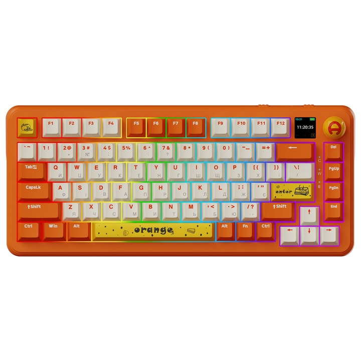 Tastatura mecanica, 75%, fara fir, Ajazz, AK820 MAX PLUS, Portocale, Switch, RGB, Linux Microsoft Windows iOS,373 x 143 x 50.5mm, Garnitura de montare, Schimbare la cald, Stabilizatori de grasime, greutate 720 g