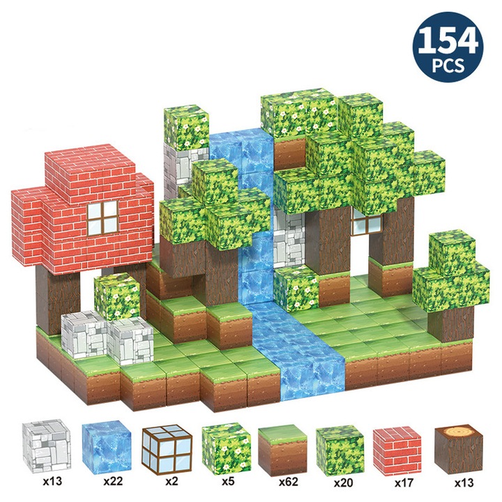 154 piese magnetice de constructie, joc educativ creativ STEM, constructie din plastic ABS, potrivit pentru copii cu varsta cuprinsa intre 1 si 6 ani si peste, multicolor