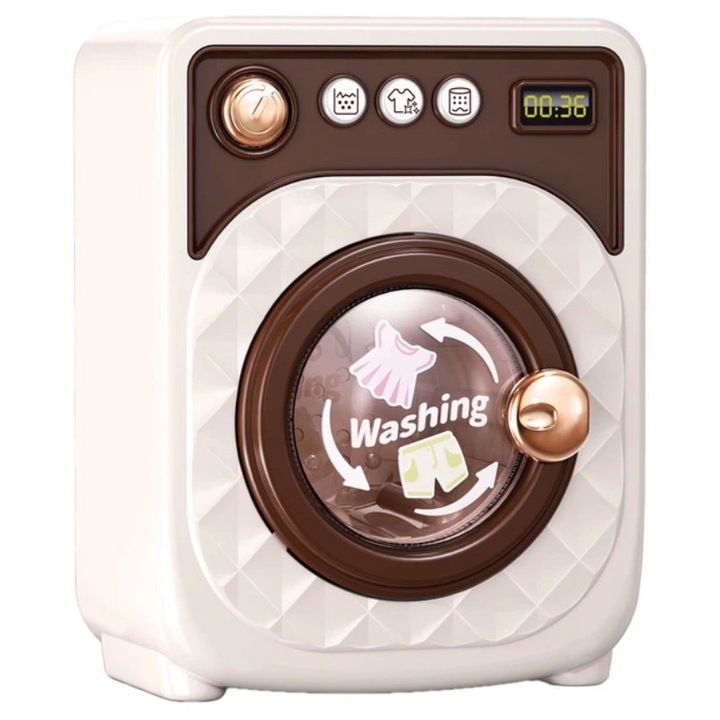 Masina de spalat de jucarie, Toy Toy Toy, tambur rotativ, efecte luminoase si sonore, maro, 14x9x18 cm
