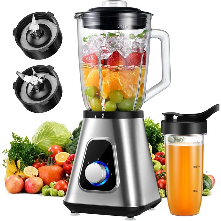 Storcator de fructe si legume, Bedee®, 1300W, 2 lame din otel inoxidabil, 3 viteze reglabile, cana de calatorie de 600 ml si accesorii pentru recipient din sticla de 1,5 l, cu functie de autocuratare, zdrobeste eficient gheata si fructele congelate