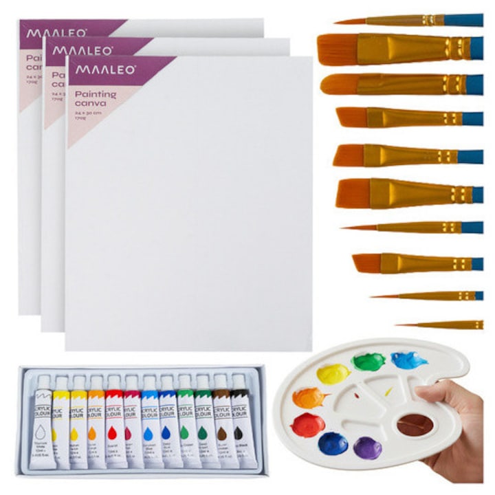 Set arta pictat Maaleo, 30×40 cm, pictura cu acrilice, pensule, panze si paleta, creativ pentru copii si adulti, 26 Piese